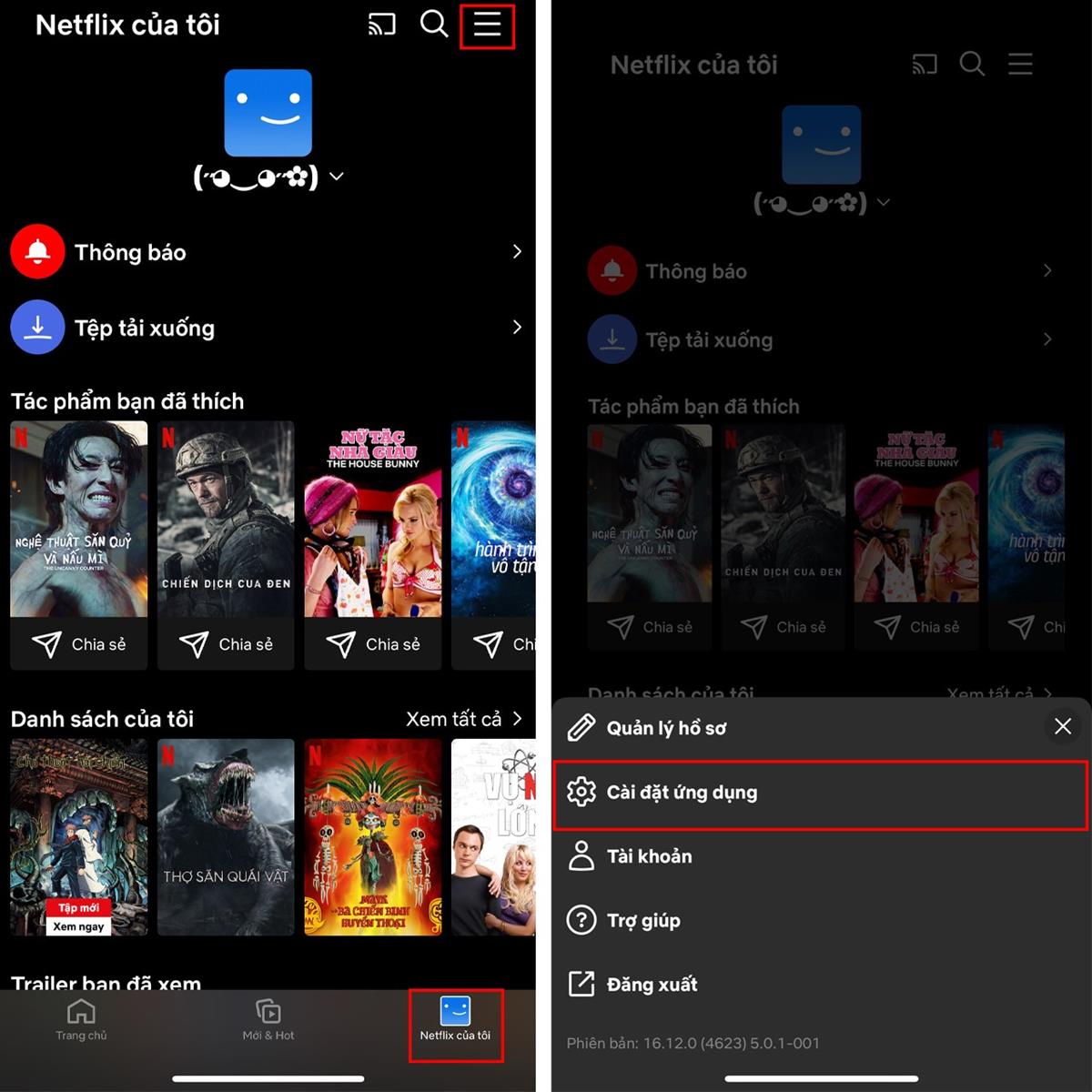 Mở ứng dụng Netflix > Ở phía dưới cùng góc phải màn hình, chọn Netflix của tôi  > Chọn vào biểu tượng 3 gạch ở phía trên góc phải màn hình > Chọn Cài đặt ứng dụng dụng.