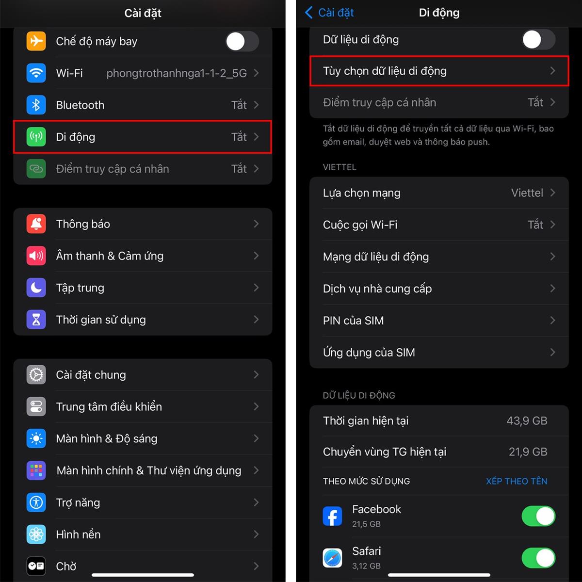 Đầu tiên, chọn Cài đặt của thiết bị > Chọn vào mục Di động > Chọn Tùy chọn dữ liệu di động.