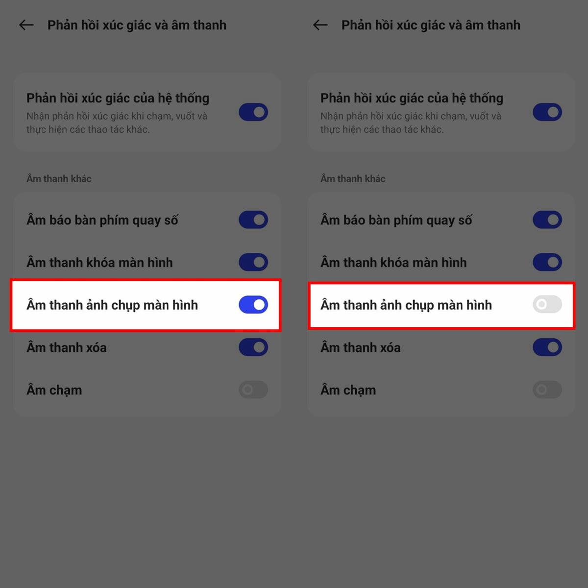 Cách tắt âm thanh chụp ảnh màn hình OPPO Hãy nhớ kiểm tra và gạt công tắc của mục Âm thanh chụp ảnh màn hình qua bên trái để tắt đi là xong.
