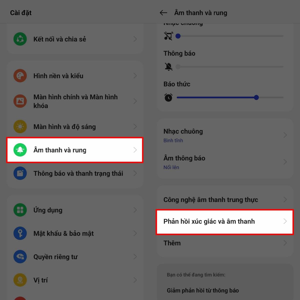 Cách tắt âm thanh chụp ảnh màn hình OPPO Bạn hãy tìm rồi ấn vào mục Phản hồi xúc giác và âm thanh.