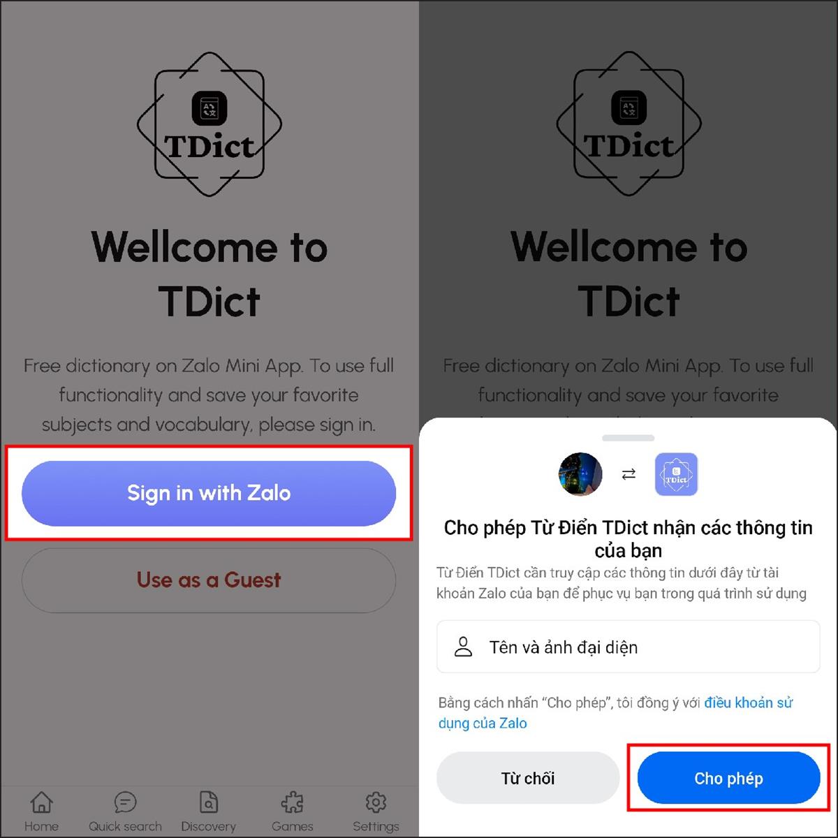 Chọn "Sign in with Zalo" để đăng nhập  > Sau đó, bạn chọn Cho phép để đồng ý với điều khoản sử dụng của Zalo