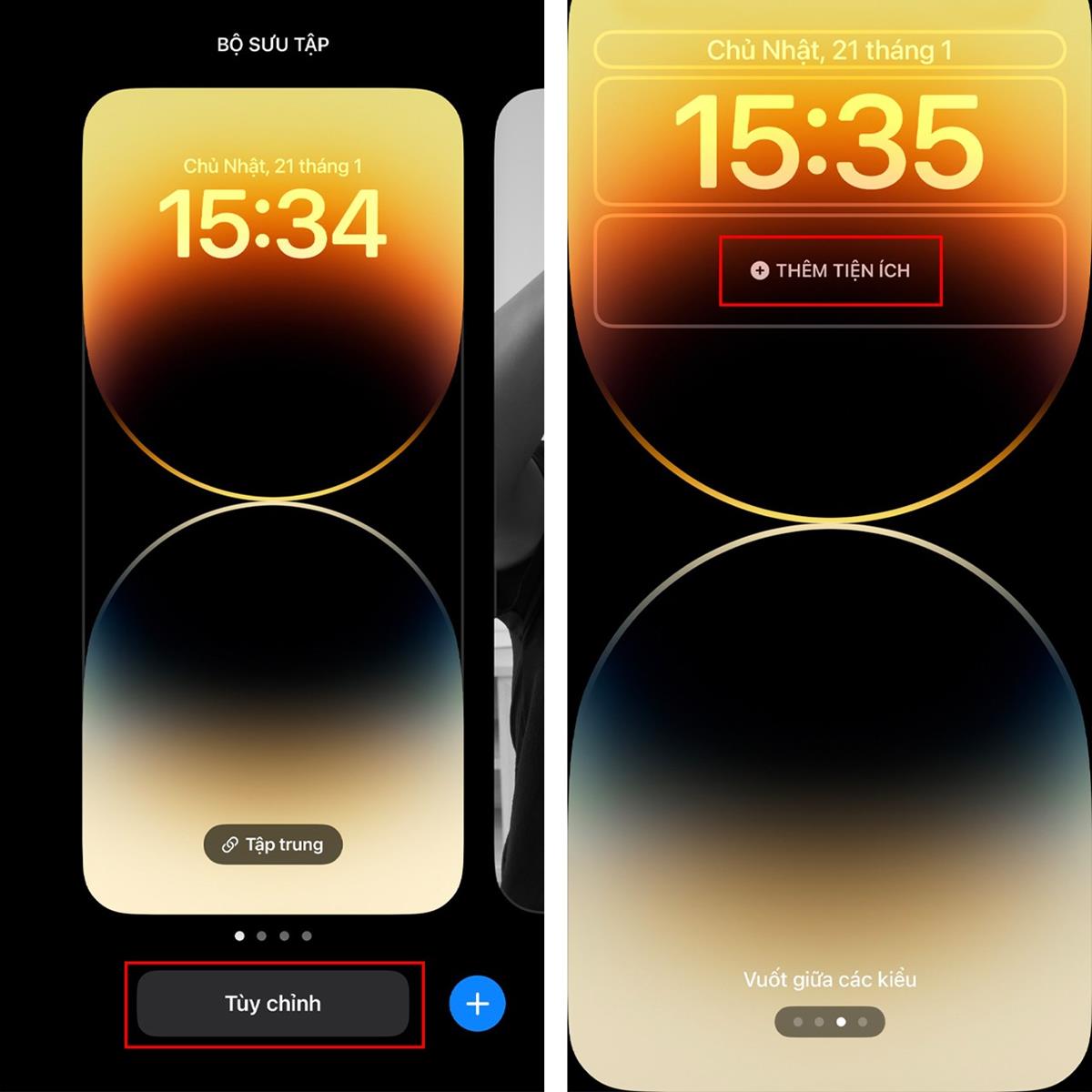 Nhấn giữ màn hình khóa > Chọn Tùy chỉnh > Sau đó, chọn tiếp vào Màn hình khóa > Tại đây, Chọn Thêm tiện ích.