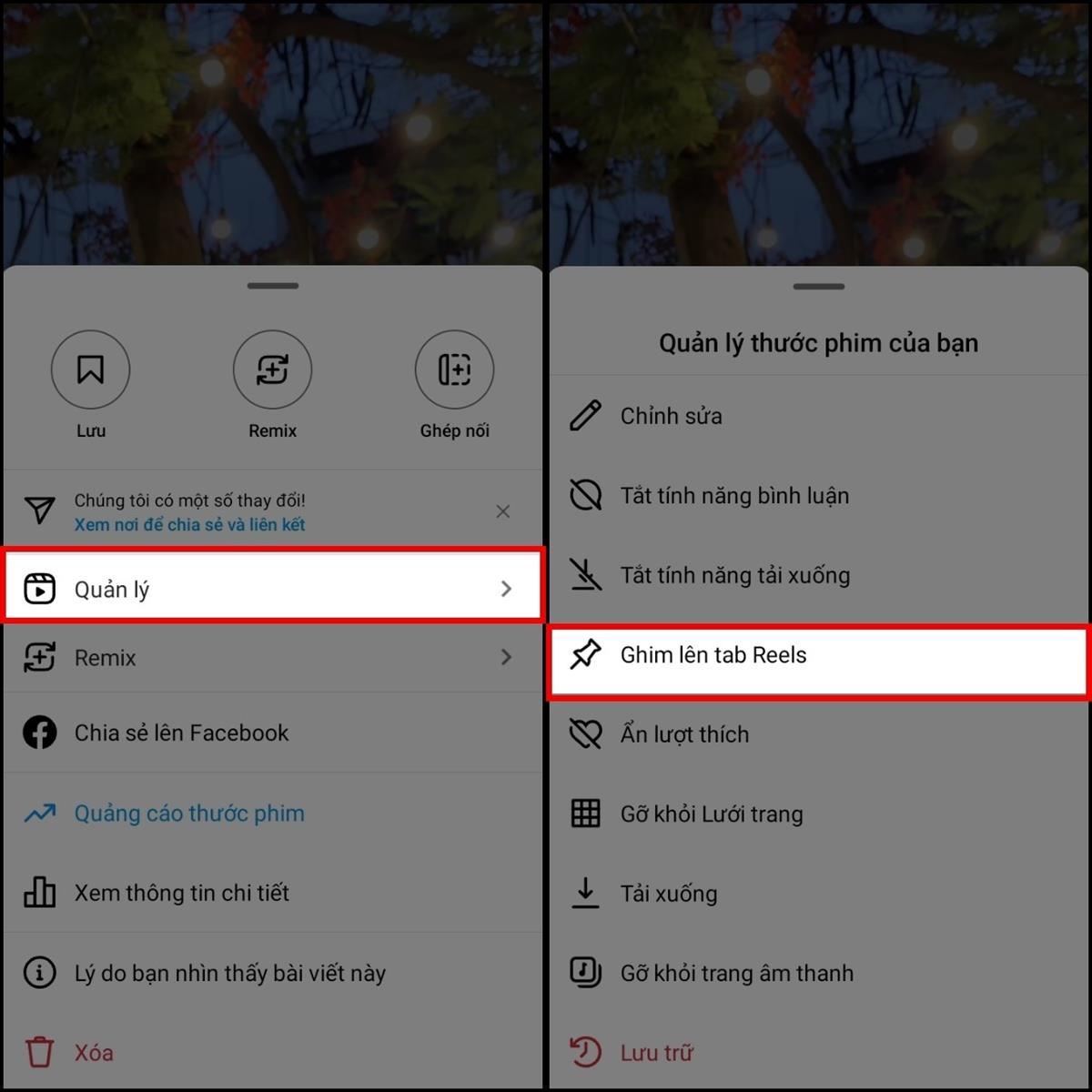 Tại giao diện này, hãy chọn phần "Quản lý" trong thư mục được hiện ra > Tiếp tục chọn Ghim lên tab Reels để đưa video lên phía đầu tiên.
