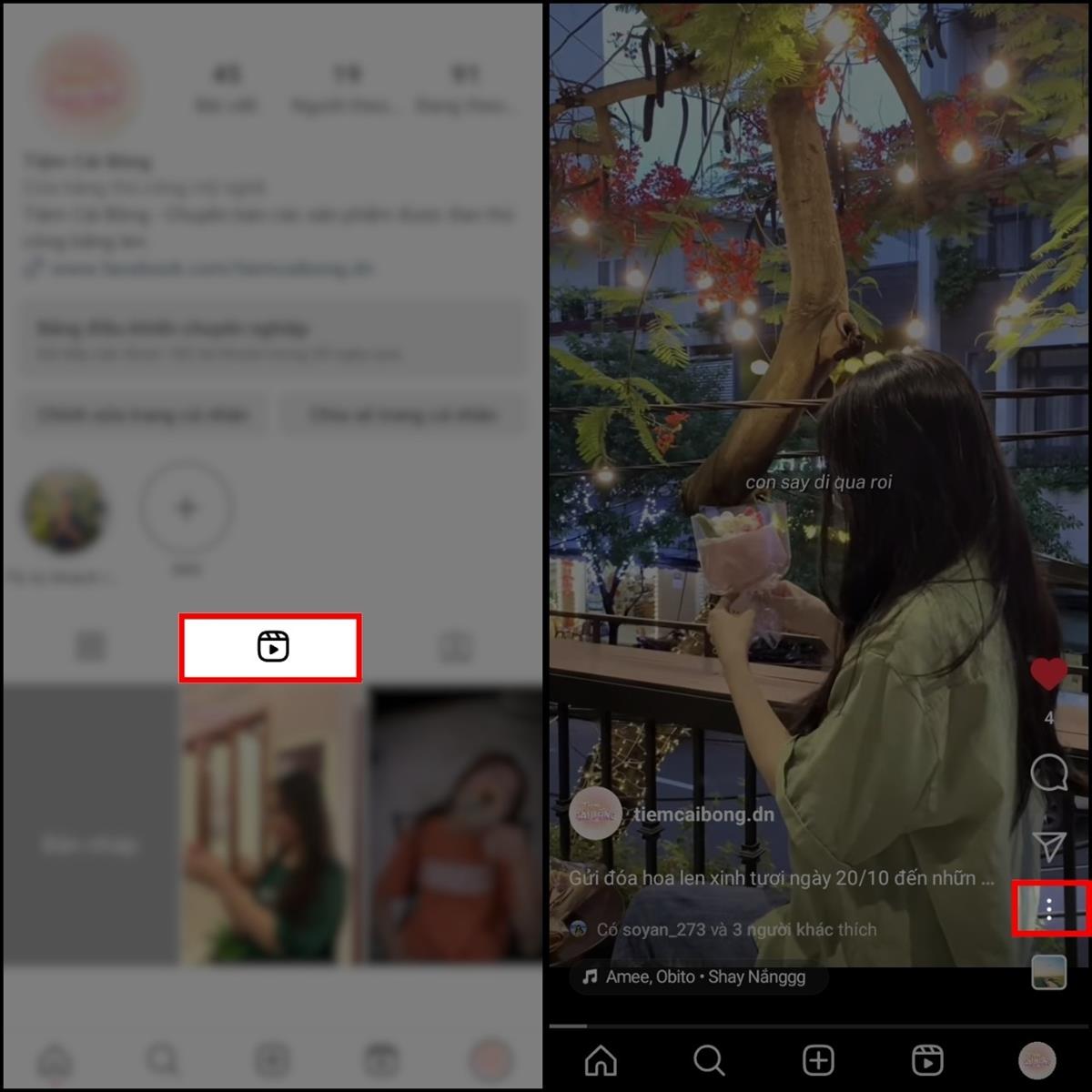 Truy cập vào "trang cá nhân trên ứng dụng Instagram" > Chọn "biểu tượng thước phim" và "chọn video" mà muốn ghim lên đầu tiên > Ở góc bên phải giao diện, hãy chọn vào dấu ba chấm.
