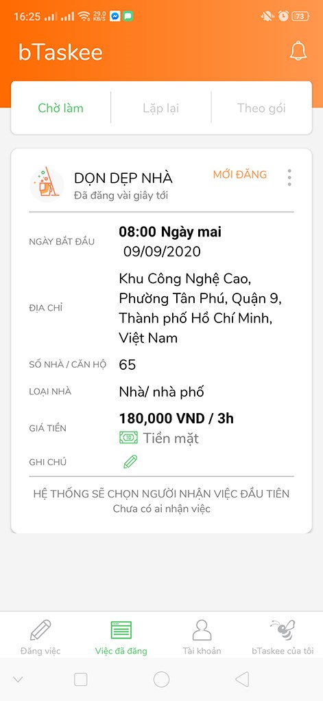 Hoàn thành thanh toán trực tiếp hoặc thanh toán qua app > nghiệm thu và hoàn tất dịch vụ