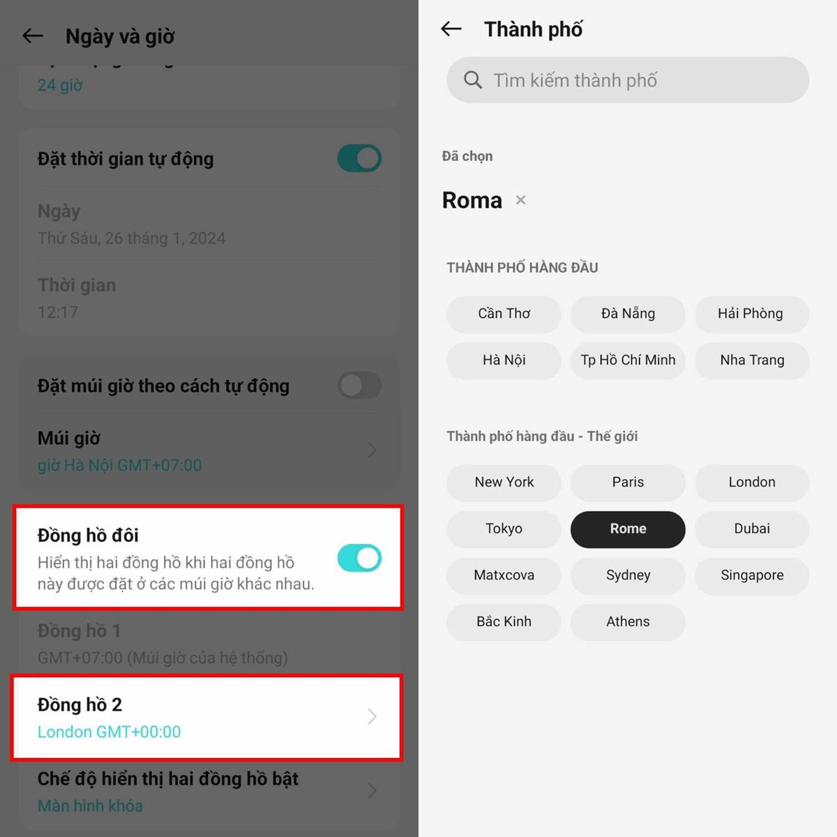  Xuất hiện 1 tùy chọn Đồng hồ đôi, để kích hoạt tính năng này thì hãy gạt công tắc của tính năng này qua bên phải.