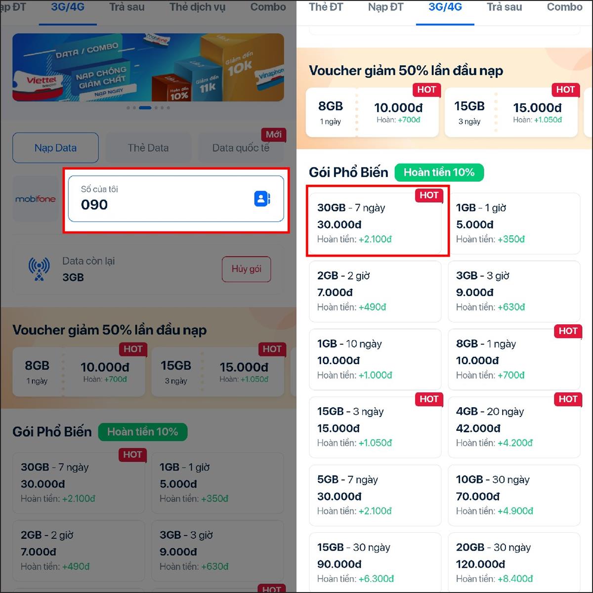 Tại bước này, hãy nhập số điện thoại của người dùng mà muốn tặng vào hoặc nhấn chọn biểu tượng danh bạ để chọn số có sẵn trong danh bạ ha> Sau đó, hãy chọn một gói cước bất kỳ theo ý muốn của mình.