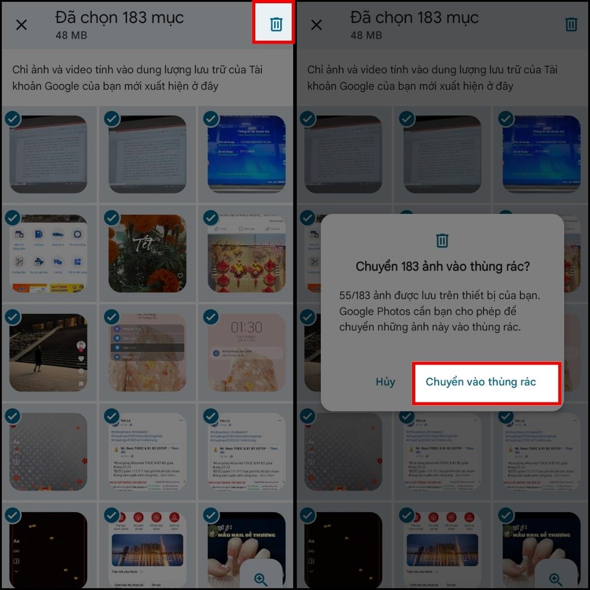 Hãy chọn Tất cả các ảnh chụp màn hình > Tiếp tục chọn vào biểu tượng Thùng rác ở góc phải màn hình > Nhấn chọn Chuyển vào thùng rác để xóa ảnh nhé.