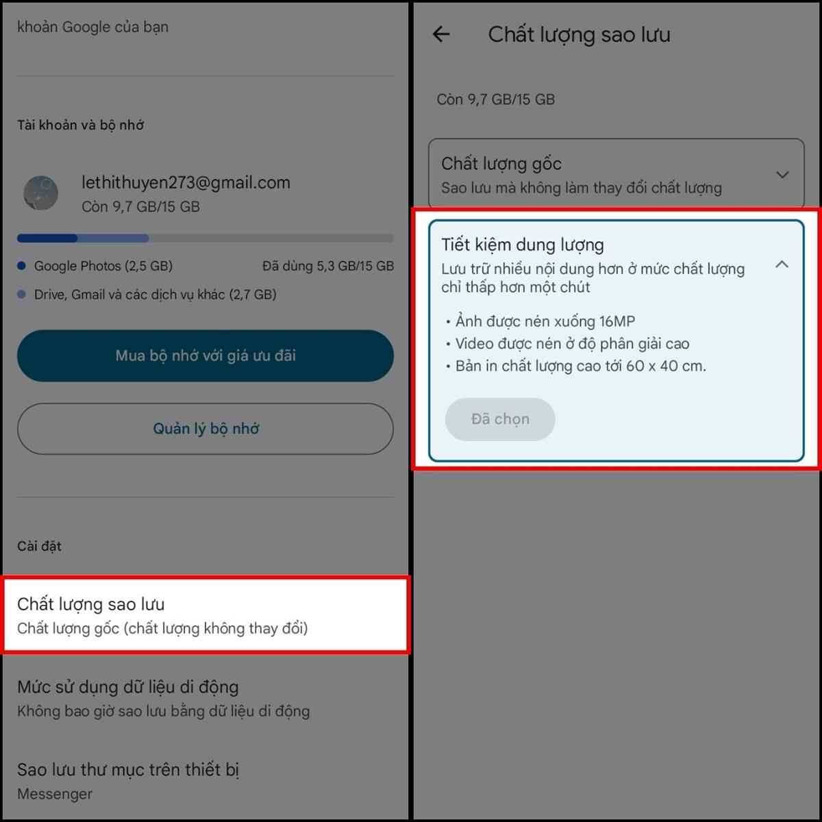 Sau đó, hãy lướt xuống và chọn cài đặt Chất lượng Sao lưu > Nhấn chọn Tiết kiệm dung lượng để nén ảnh và lưu trữ nhiều nội dung hơn như bên dưới.