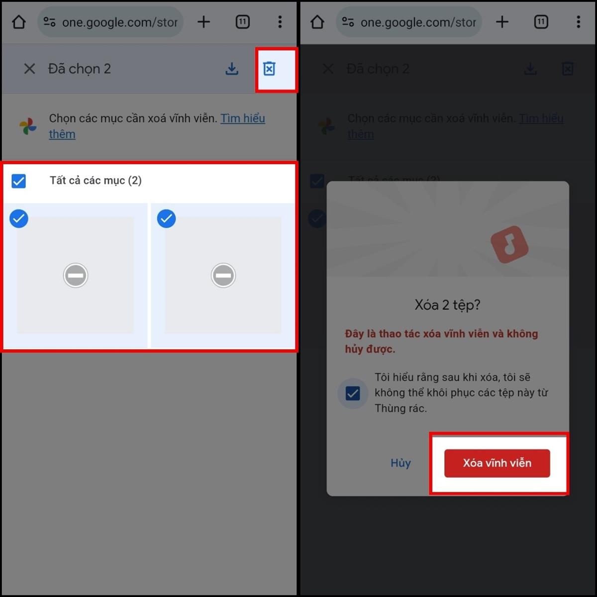 Hãy kiểm tra và chọn Tất cả các mục cần xóa > Chọn biểu tượng Thùng rác ở góc bên phải để xóa > Xác nhận thao tác Xóa vĩnh viễn để xóa video nhé.