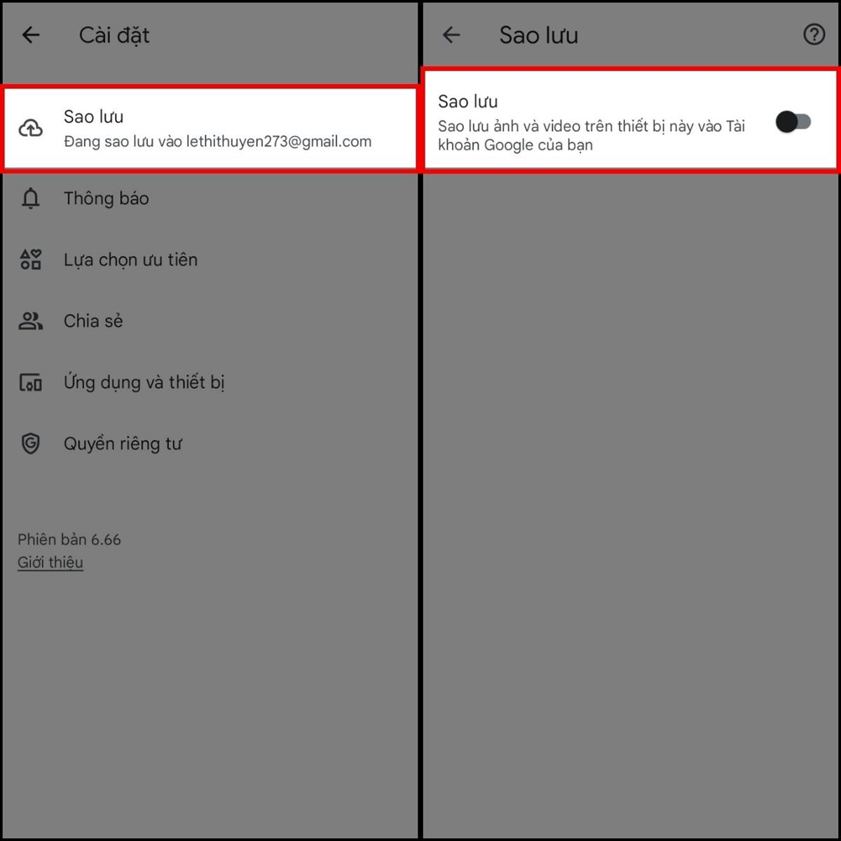 Hãy truy cập vào phần Chế độ cài đặt của Photos > Sau đó, chọn Sao lưu > Tắt tính năng sao lưu ngay trên ứng dụng.