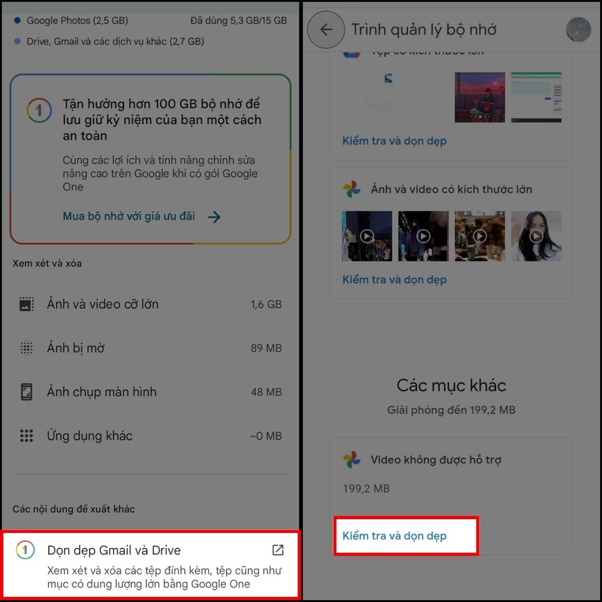 Hãy truy cập vào mục Quản lý bộ nhớ trên Google Photos > Nhấn chọn mục đề xuất Dọn dẹp Gmail và Drive > Kéo xuống dưới, chọn mục Video không được hỗ trợ > Hãy chọn Kiểm tra và dọn dẹp.
