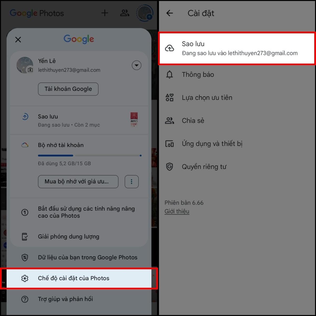 hãy truy cập vào ứng dụng Google Photos > Nhấn chọn vào ảnh đại diện ở bên góc phải màn hình > Chọn vào mục Chế độ cài đặt của Photos để điều chỉnh > Tại phần cài đặt, hãy nhấn chọn Sao lưu.