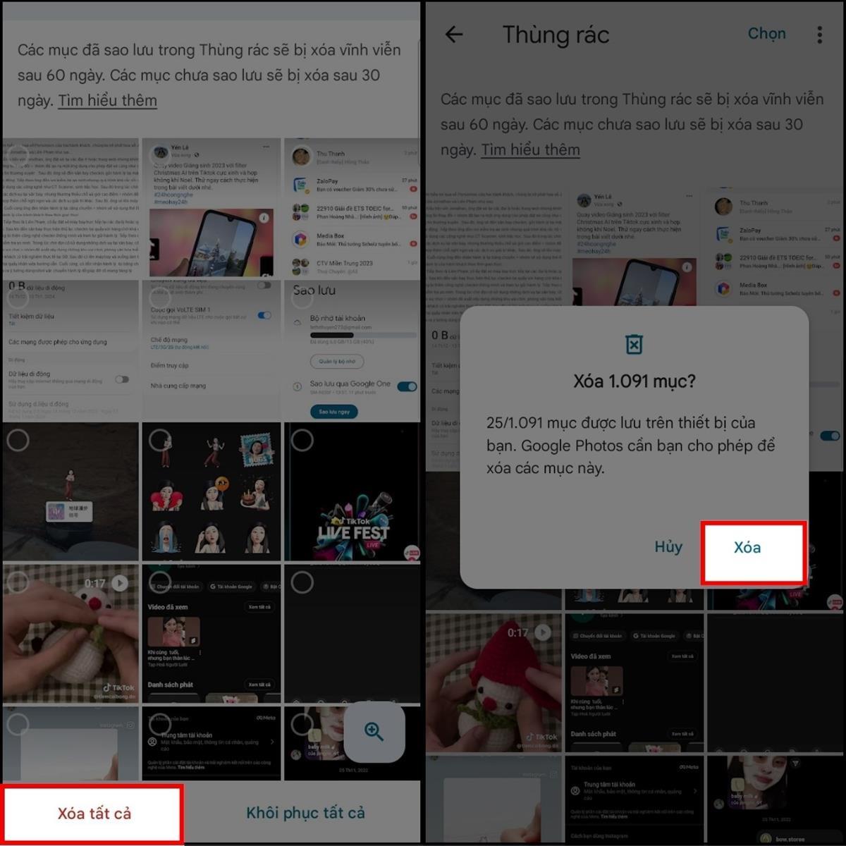 Sau khi chọn Tất cả hình ảnh trong thùng rác>Tiếp tục chọn Xóa tất cả để xóa vĩnh viễn khỏi ứng dụng > Xác nhận Xóa là xong nhé.