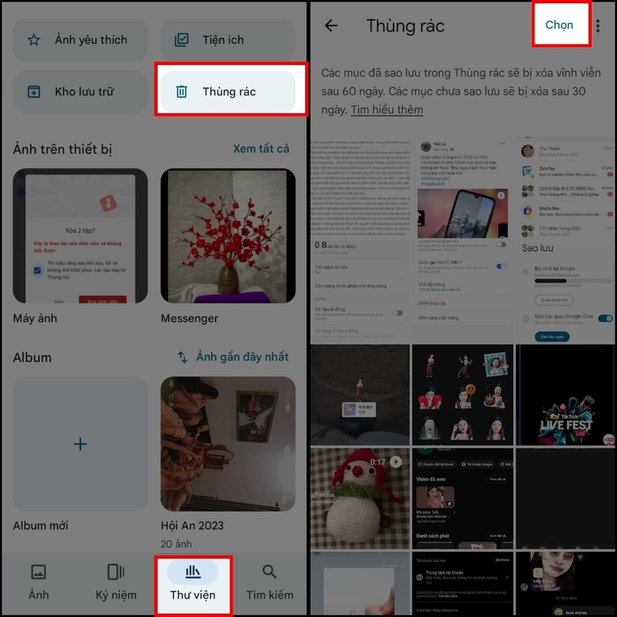 Hãy truy cập vào trang đầu tiên của Google Photos > Chọn Thư viện > Hãy chọn Thùng rác > Nhấn Chọn để lựa chọn tất cả hình ảnh trong thùng rác.