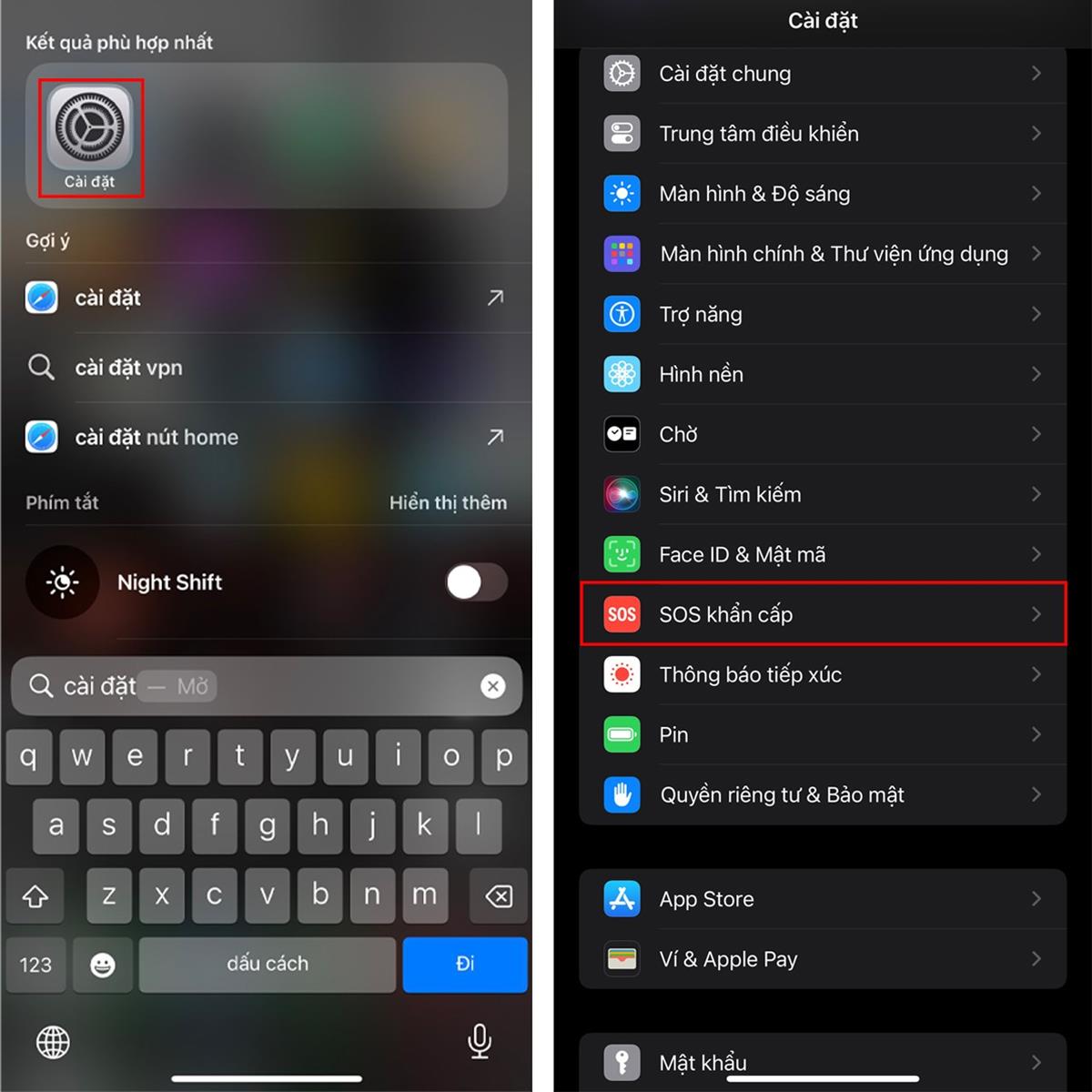 ầu tiên, hãy truy cập vào Cài đặt của điện thoại iPhone > Kéo xuống dưới, tiếp tục chọn vào mục SOS khẩn cấp.