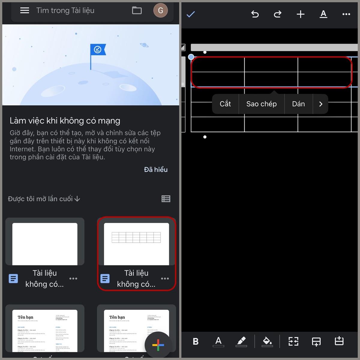 Hãy truy cập Google Docs trên điện thoại > Tiến hành chọn tài liệu chứa bảng mà muốn gộp ô > Chọn vùng ô muốn gộp.