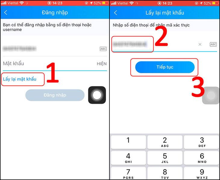 Chọn lấy lại mật khẩu, nhập  sđt để xác thực và ấn Tiếp tục Chọn lấy lại mật khẩu, nhập  sđt để xác thực và ấn Tiếp tục