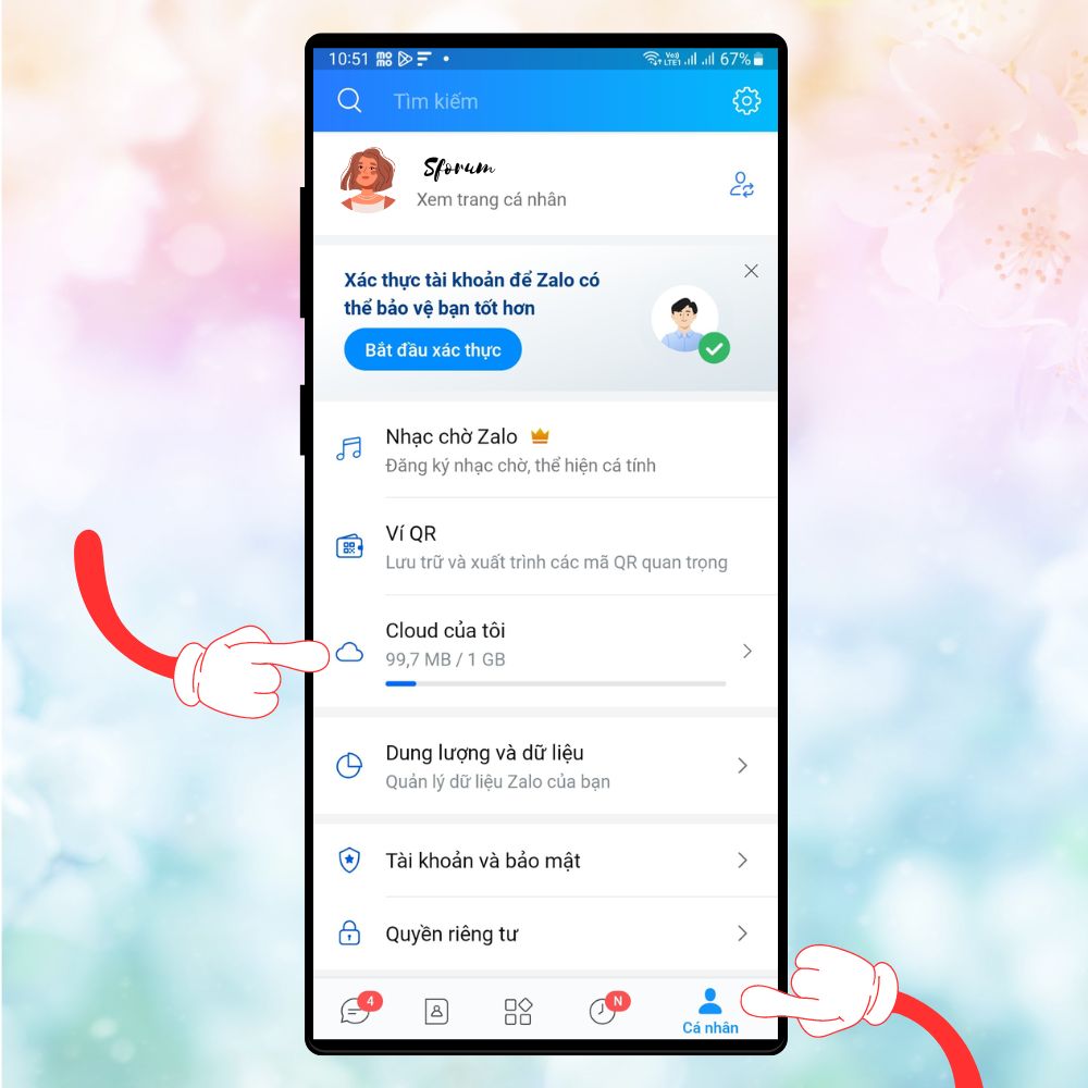 Trên điện thoại, đăng nhập ứng dụng Zalo > Tiếp theo, hãy chuyển đến giao diện Cá nhân > Chọn vào mục Cloud của tôi.