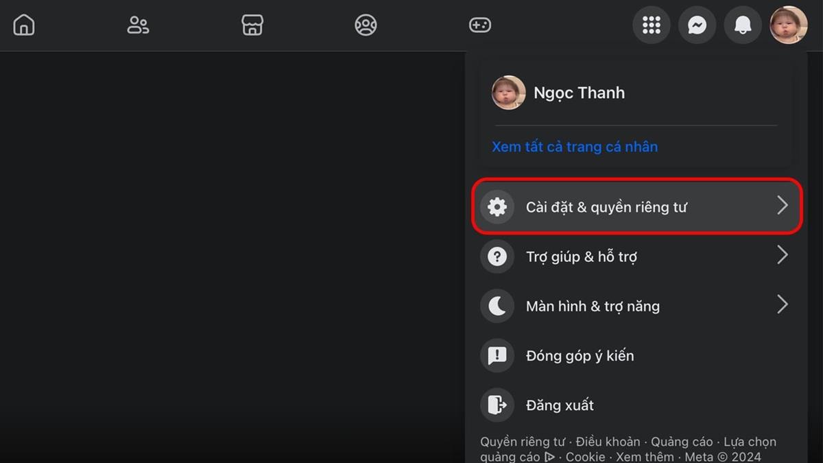 Hãy truy cập Facebook trên máy tính > Hãy mở trang cá nhân > Chọn Cài đặt & Quyền riêng tư.