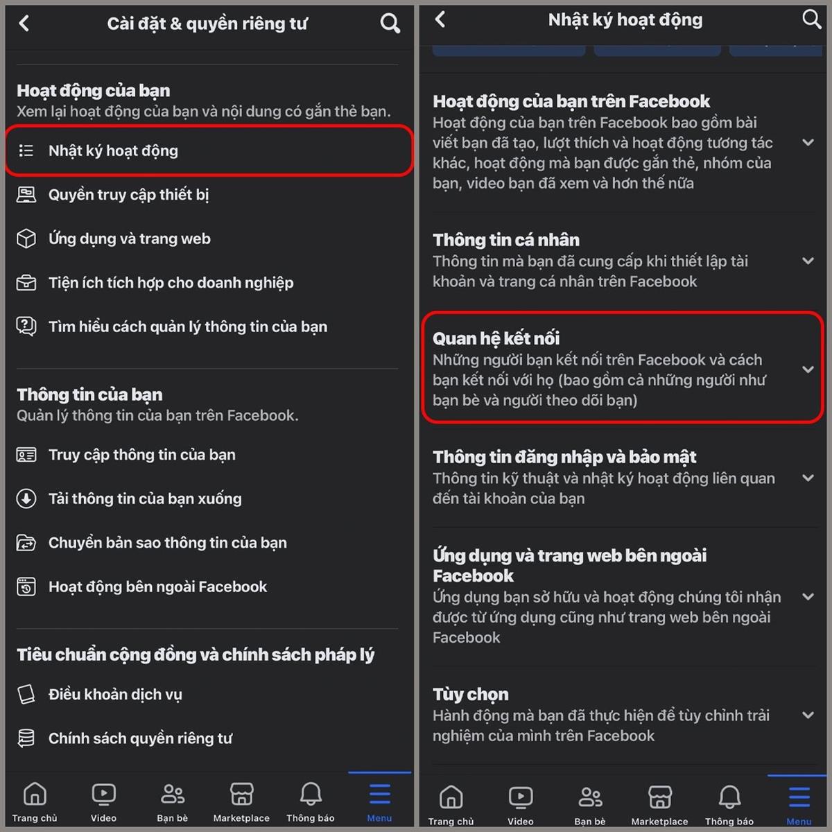 Tiếp tục, hãy chọn vào Nhật ký hoạt động >Chọn Quan hệ kết nối.