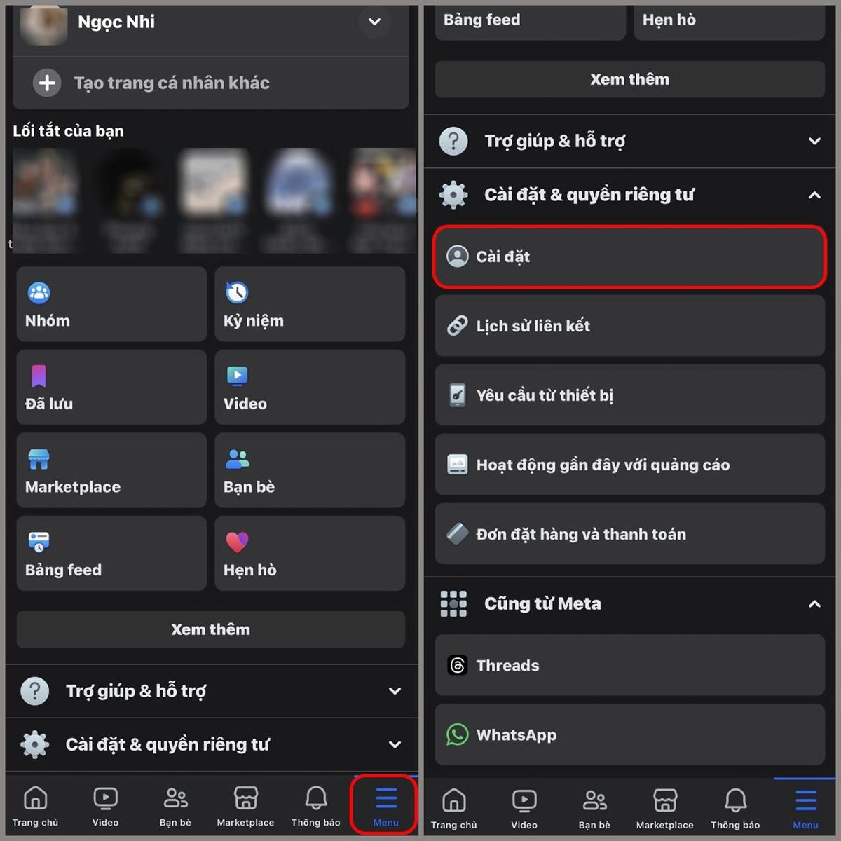 Đầu tiên vào Facebook trên điện thoại > Hãy mở trang cá nhân > Chọn Menu > Tại mục Cài đặt & Quyền riêng tư, hãy chọn vào Cài đặt.