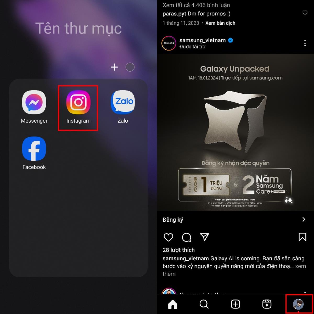 Hãy truy cập vào ứng dụng Instagram trên điện thoại > Sau đó tại trang chủ của Instagram > Nhấn vào biểu tượng Avatar của mình ở phía dưới để truy cập vào trang cá nhân.