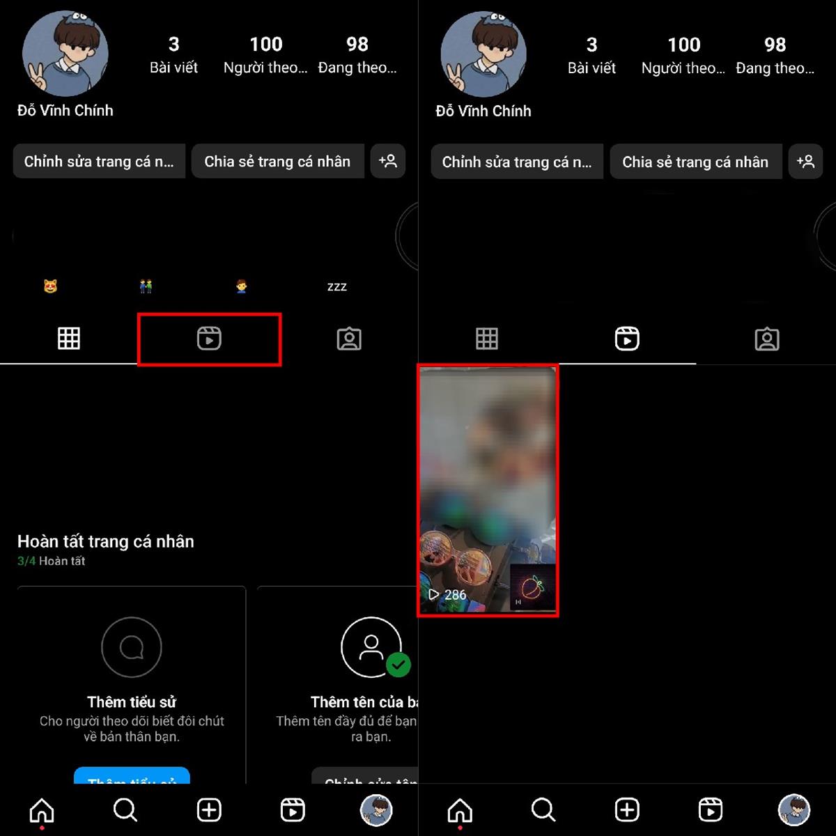 ại giao diện trang cá nhân của mình > Hãy nhấn chọn vào biểu tượng Reels như hình dưới đây > Tiếp theo, hãy chọn một Reel mà bạn muốn ẩn lượt thích hoặc bình luận nhé.