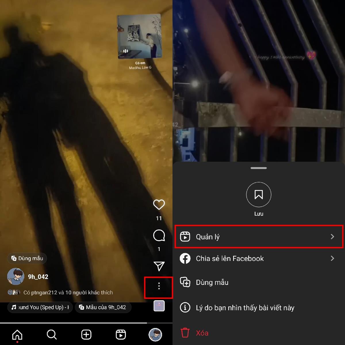 Tiếp tục, bạn hãy nhấn vào Dấu ba chấm ở góc dưới bên phải của Reels > Sau đó, hãy nhấn chọn mục Quản lý dùm mình nhé.