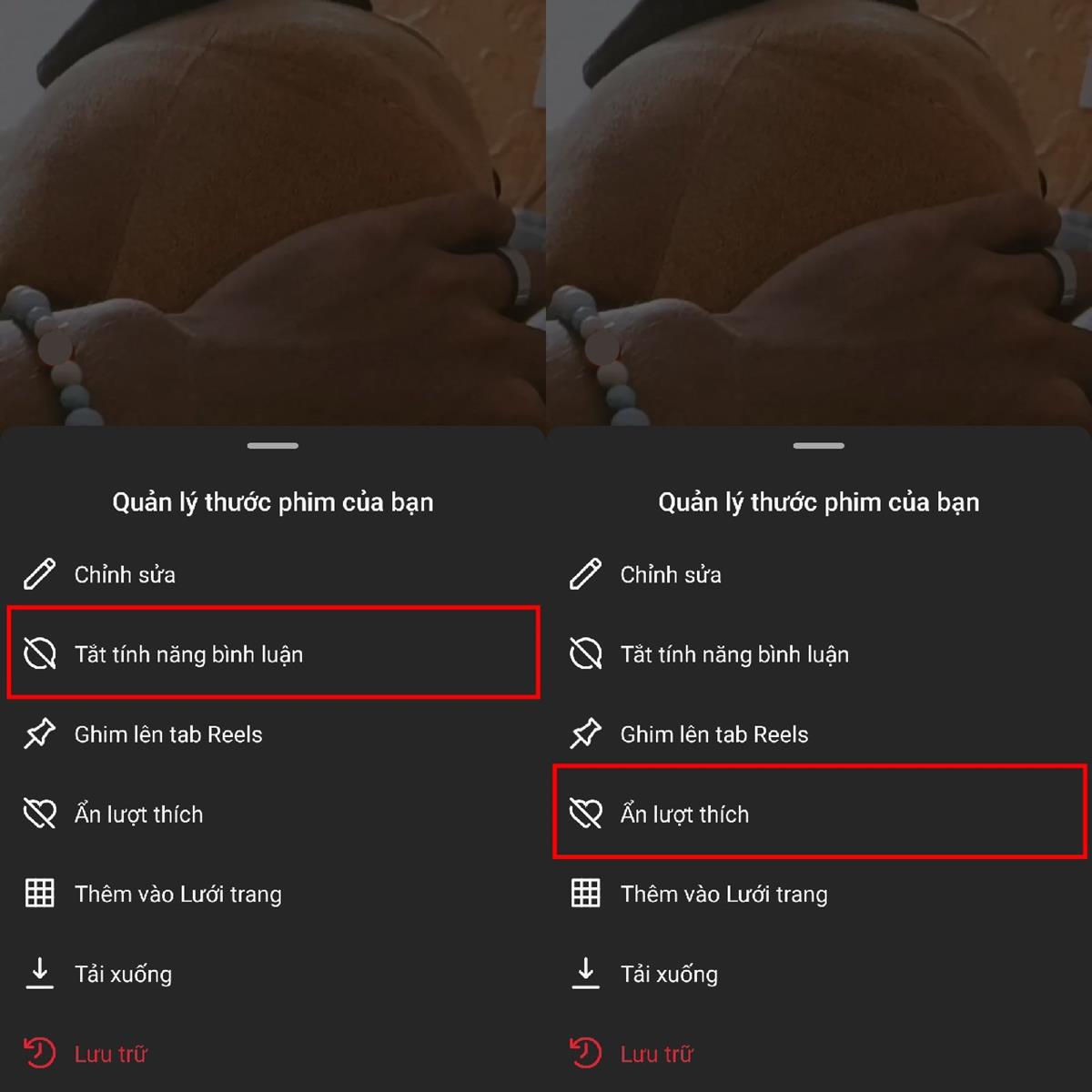 Tại đây, nếu muốn ẩn bình luận thì hãy nhấn vào Tắt tính năng bình luận, còn nếu muốn ẩn lượt thích thì hãy nhấn vào Ẩn lượt thích là hoàn thành.