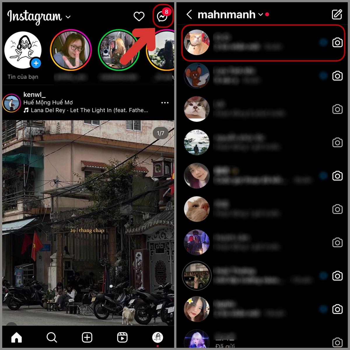Đầu tiên, hãy truy cập vào ứng dụng Instagram trên điện thoại > Chọn biểu tượng Tin nhắn > Chọn người dùng muốn nhắn tin.