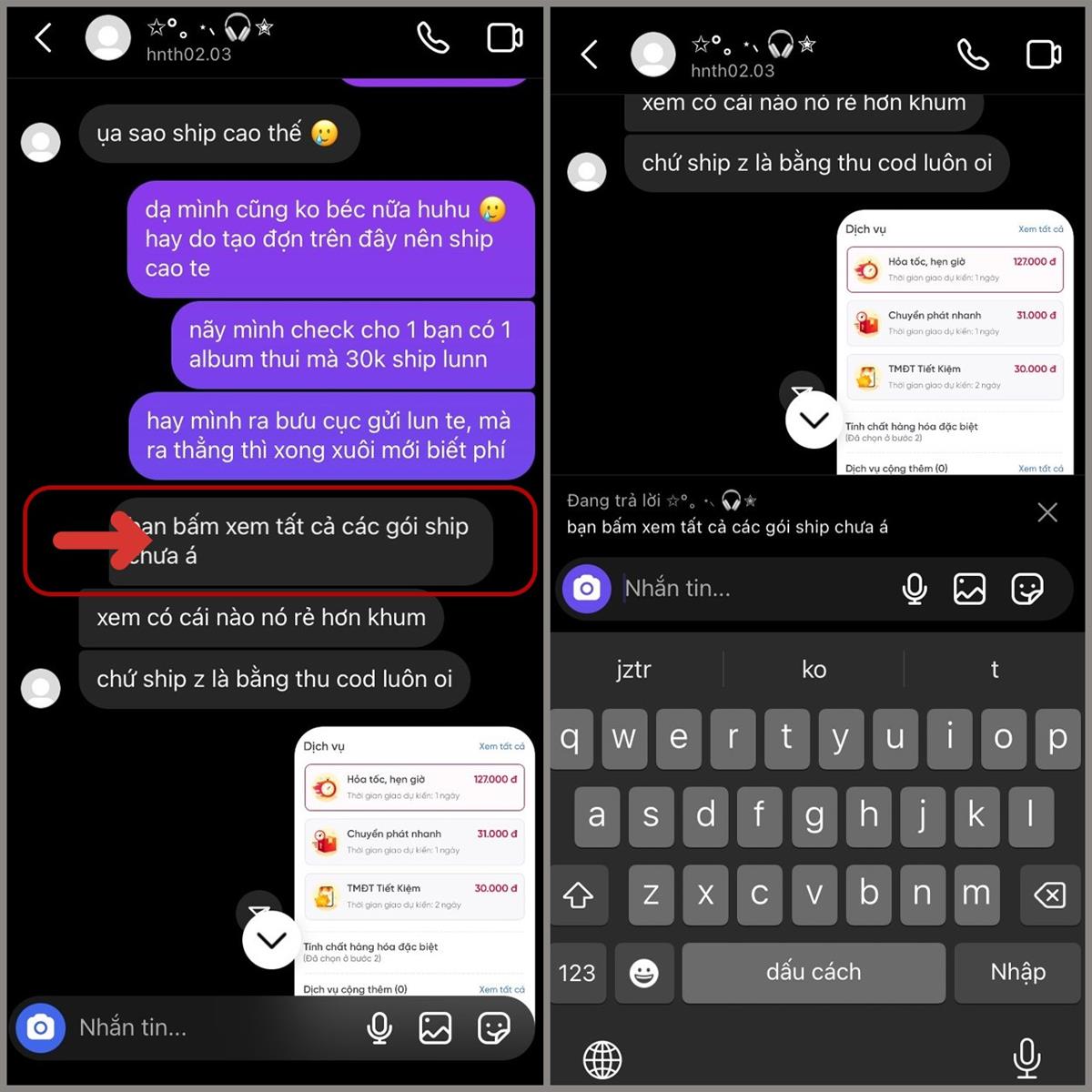 Kéo bong bóng tin nhắn muốn trả lời cụ thể từ trái sang phải > Lúc này, bạn hãy trả lời cụ thể tin nhắn mà bạn mong muốn.