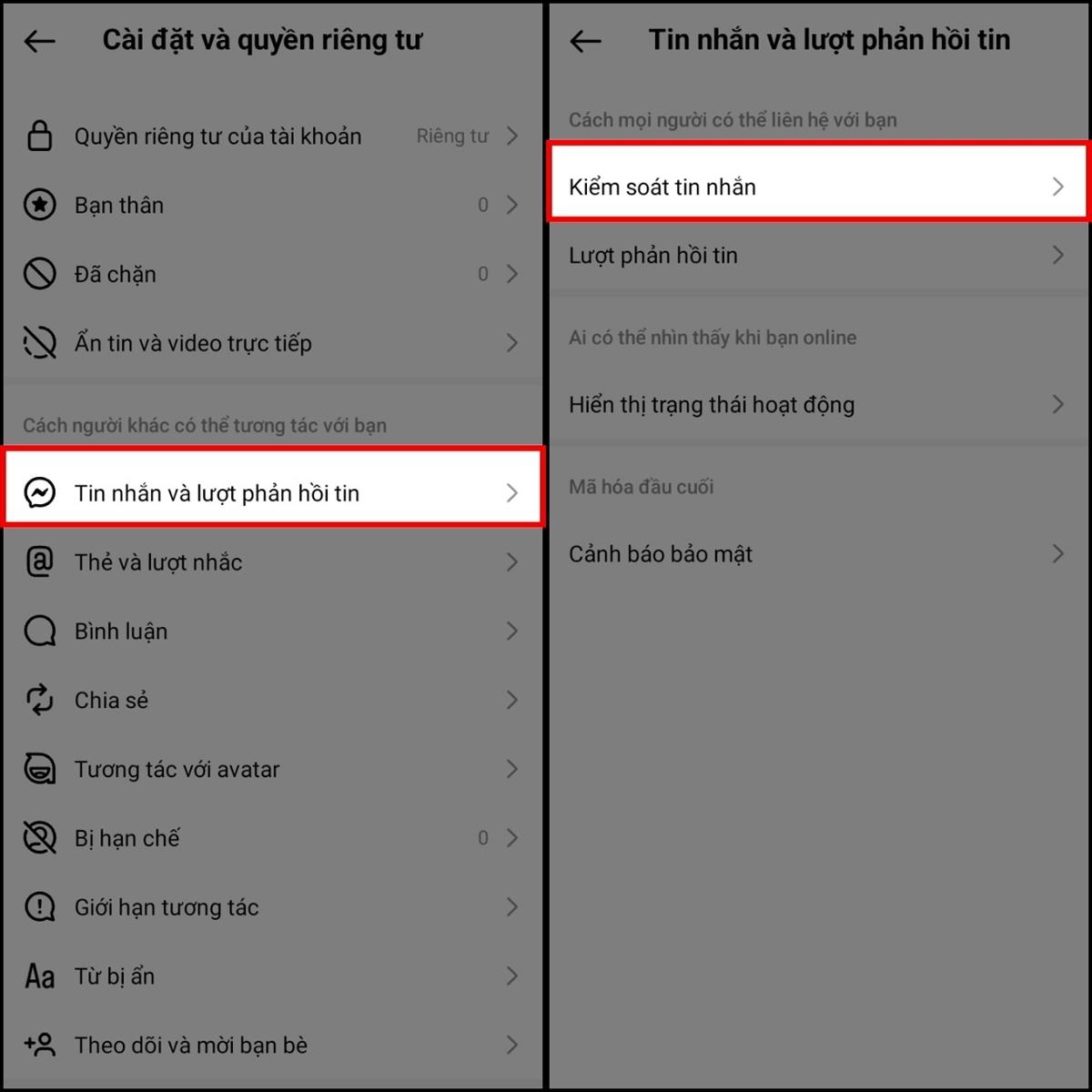 Tại giao diện cài đặt, hãy nhấn chọn vào Tin nhắn và lượt phản hồi tin để điều chỉnh > Tiếp tục, chọn mục Kiểm soát tin nhắn trên Instagram nhé.