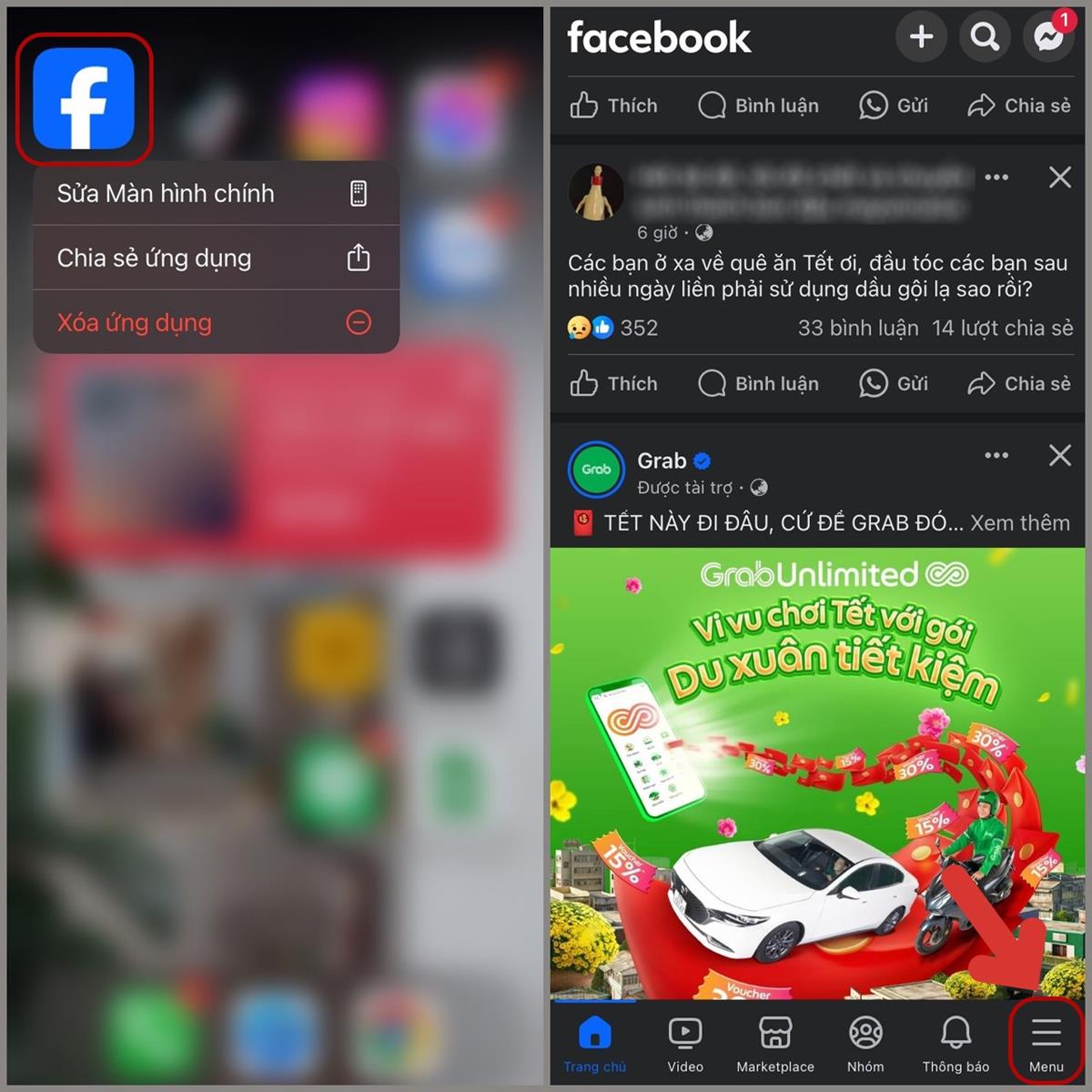 Đầu tiên truy cập vào ứng dụng Facebook trên điện thoại > Chọn biểu tượng Menu dùm mình.