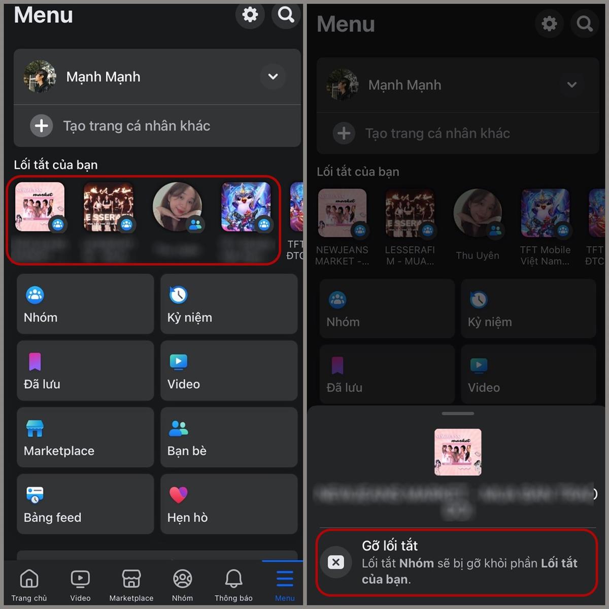 Nhấn giữ nhóm, tài khoản hoặc đoạn chat muốn gỡ ở mục Lối tắt của bạn > Chọn Gỡ lối tắt.