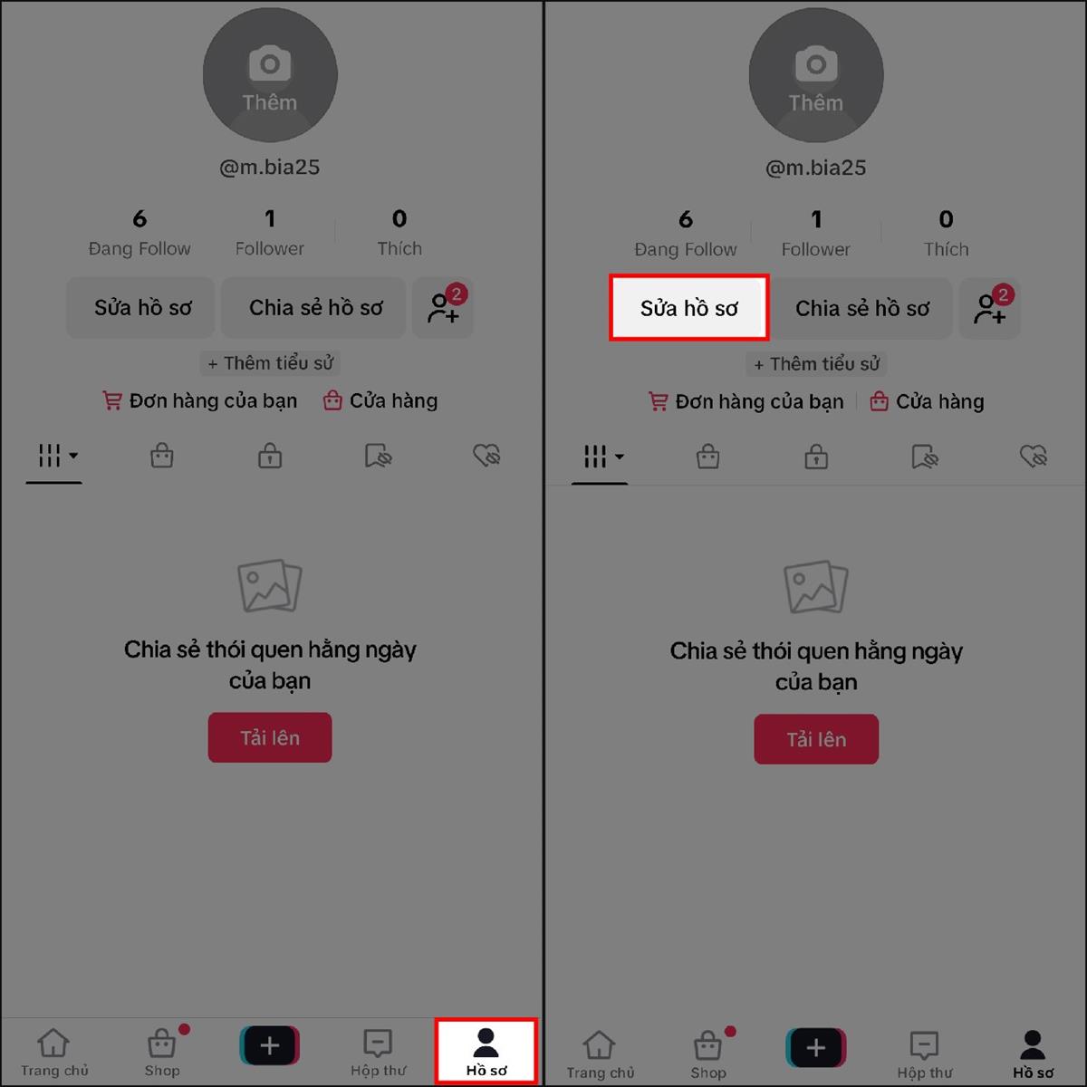 Đầu tiên, tại giao diện ứng dụng TikTok > Hãy truy cập vào phần Hồ sơ > Sau đó, chọn mục Sửa hồ sơ ngay phía dưới ảnh đại diện.