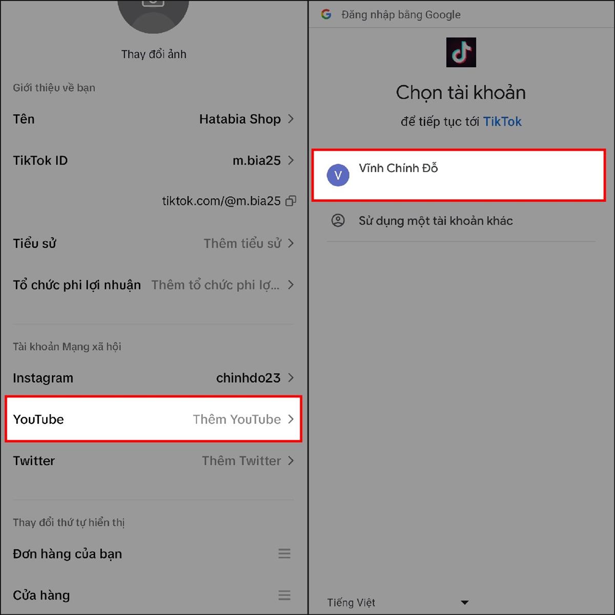 Đầu tiên, tại phần Tài khoản Mạng xã hội của mục Sửa hồ sơ > Hãy chọn Thêm YouTube để tiến hành liên kết tài khoản YouTube với TikTok > Sau đó, hãy chọn một tài khoản YouTube mà mình muốn liên kết dùm mình nhé.