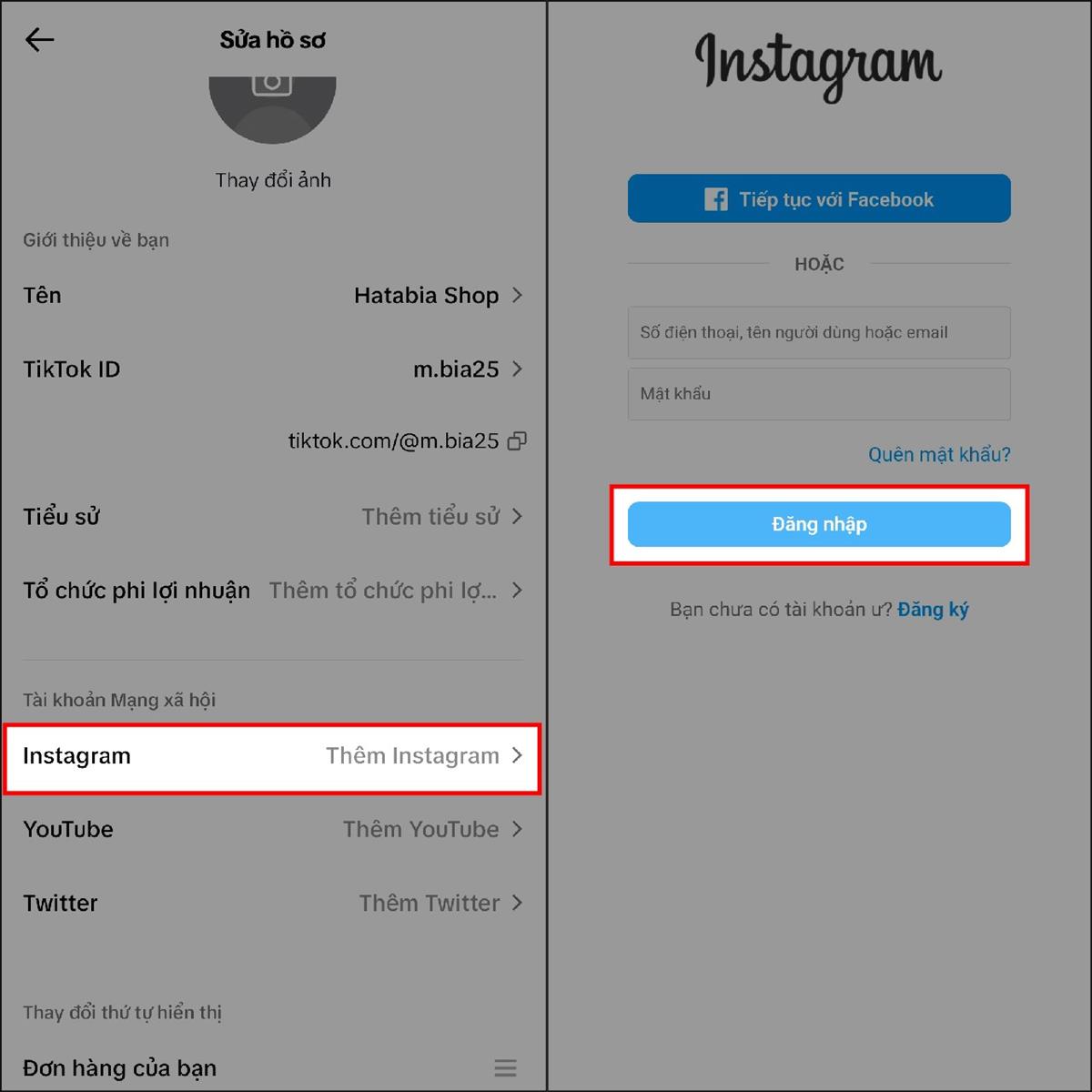 Lúc này, để thêm tài khoản Instagram vào TikTok > Hãy nhấn chọn vào Thêm Instagram trong phần Tài khoản Mạng xã hội > Tiếp theo, hãy nhập tài khoản và mật khẩu của Instagram > Sau đó hãy nhấn Đăng nhập dùm mình nha.