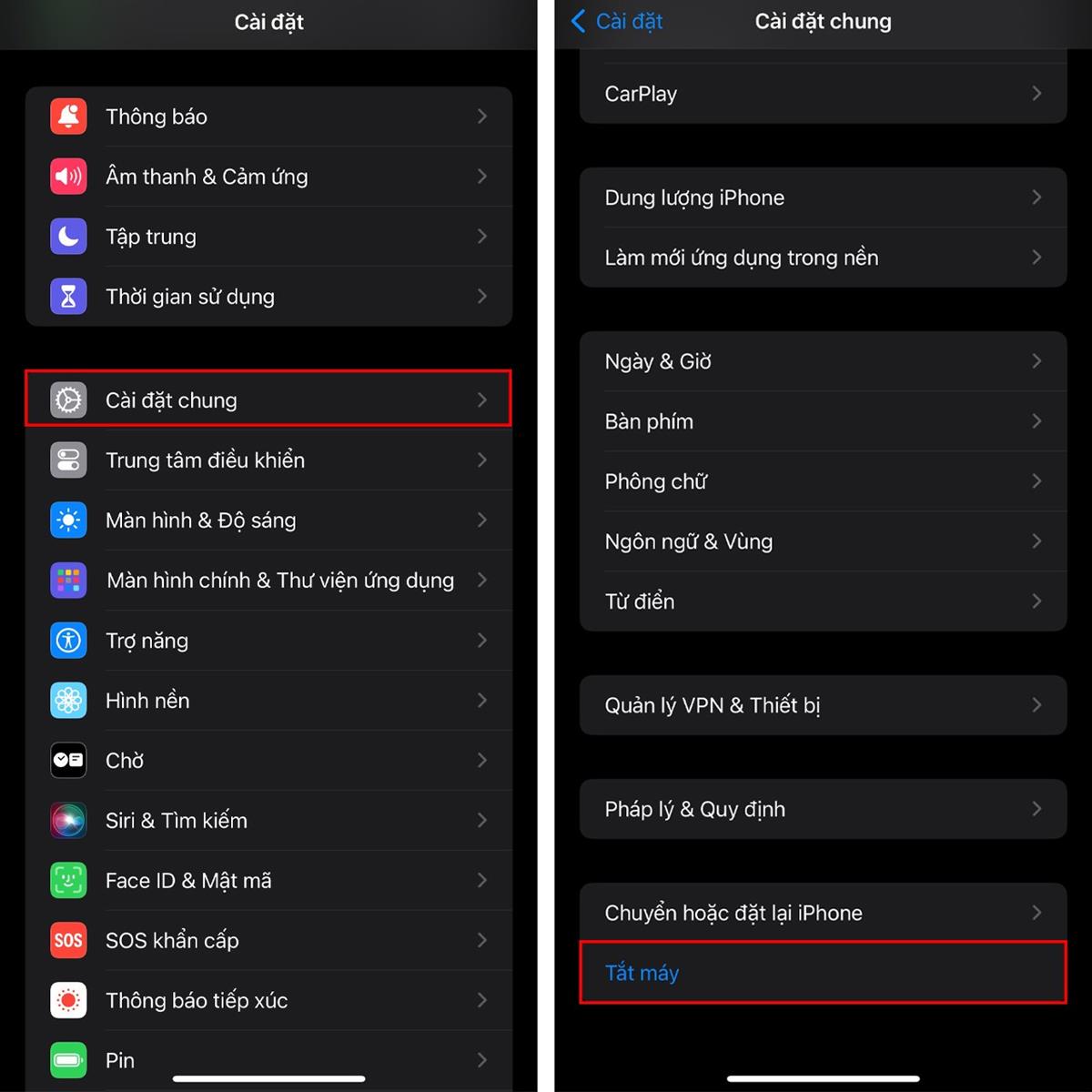 Đầu tiên, hãy truy cập vào Cài đặt của máy > Chọn vào mục Cài đặt chung > Sau đó, vuốt xuống cuối cùng và chọn Tắt máy. Tiếp theo, vuốt ngang Trượt để tắt nguồn là hoàn thành.