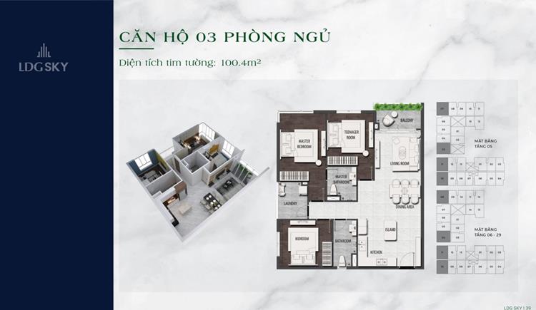 Thiết kế căn 03 phòng ngủ tại dự án căn hộ LDG Sky