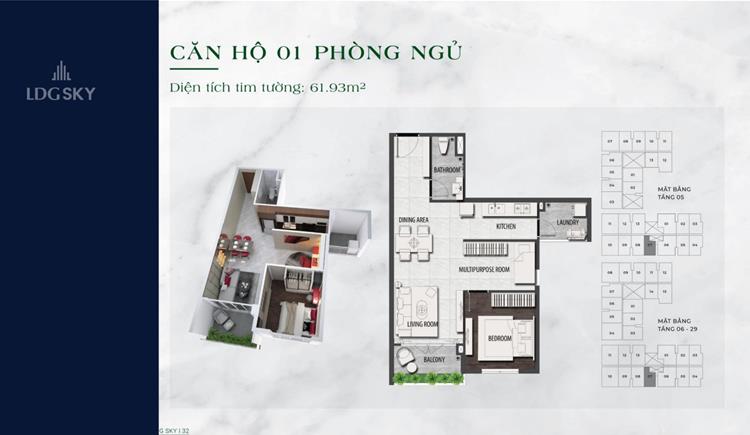 Thiết kế căn 01 phòng ngủ tại dự án căn hộ LDG Sky