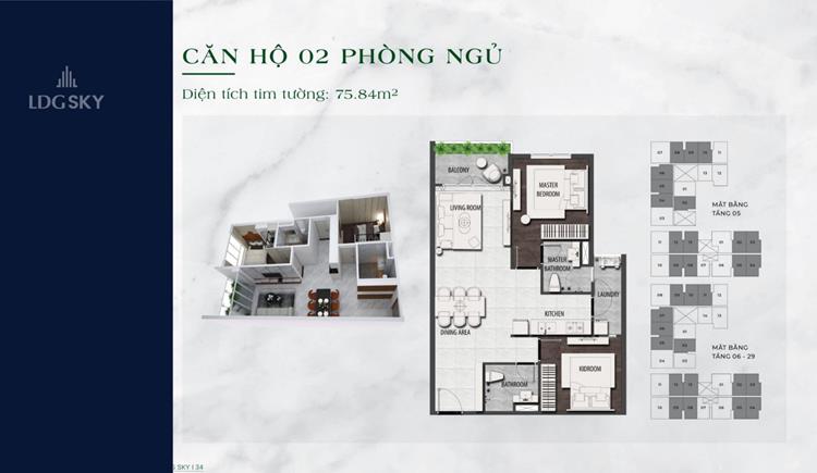 Thiết kế căn 02 phòng ngủ tại dự án căn hộ LDG Sky