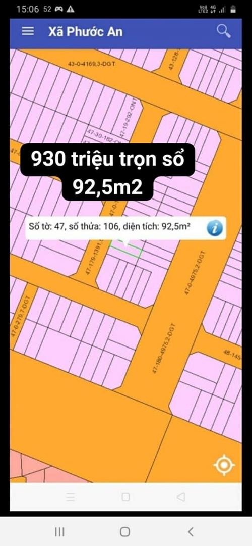 Đất XDHN Phước An số 47/106 giá siêu đẹp 930 triệu Đất XDHN Phước An số 47/106 giá siêu đẹp 930 triệu