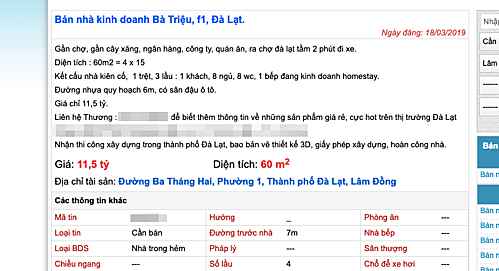 Thông tin rao bán nhà gần khu vực trung tâm Đà Lạt với giá gần 200 triệu đồng một m2