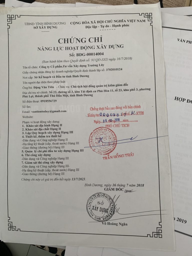 Chứng chỉ năng lực hoạt động xây dựng của Ba Thành Phát