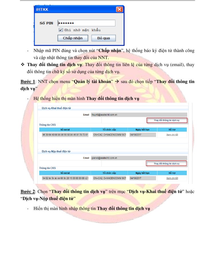 Thay đổi thông tin dịch vụ như email và chữ ký
