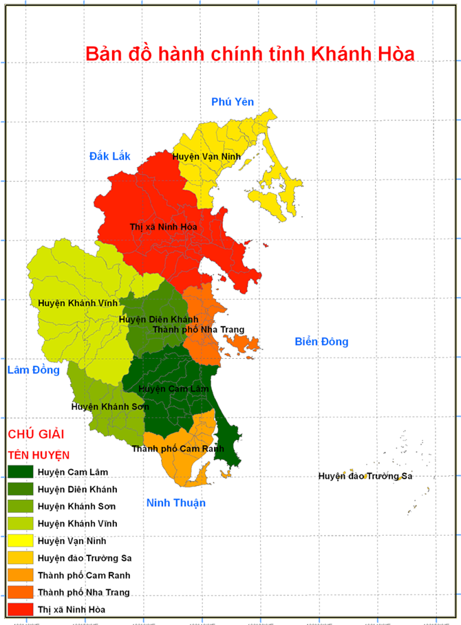 Bản đồ các huyện, thành phố, thị xã của tỉnh Khánh Hòa