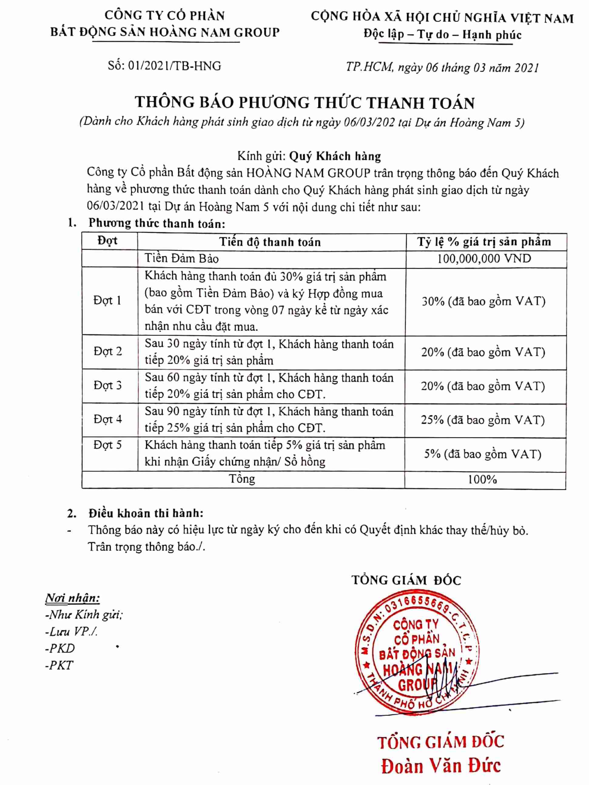 Tiến độ thanh toán dự án nhà phố Hoàng Nam 5