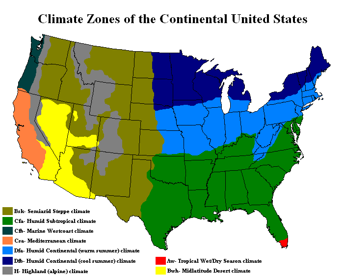 Bản đồ khổ lớn của các đới khí hậu lục địa của Hoa Kỳ