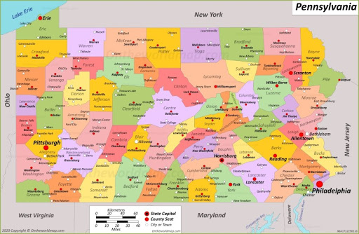 Bản đồ tiểu bang Pennsylvania của Hoa Kỳ năm 2022